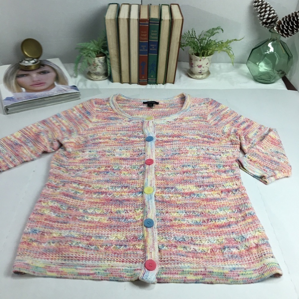 Alison Sheri Rainbow Space Dye Short Sleeve Cardigan Sweater Large